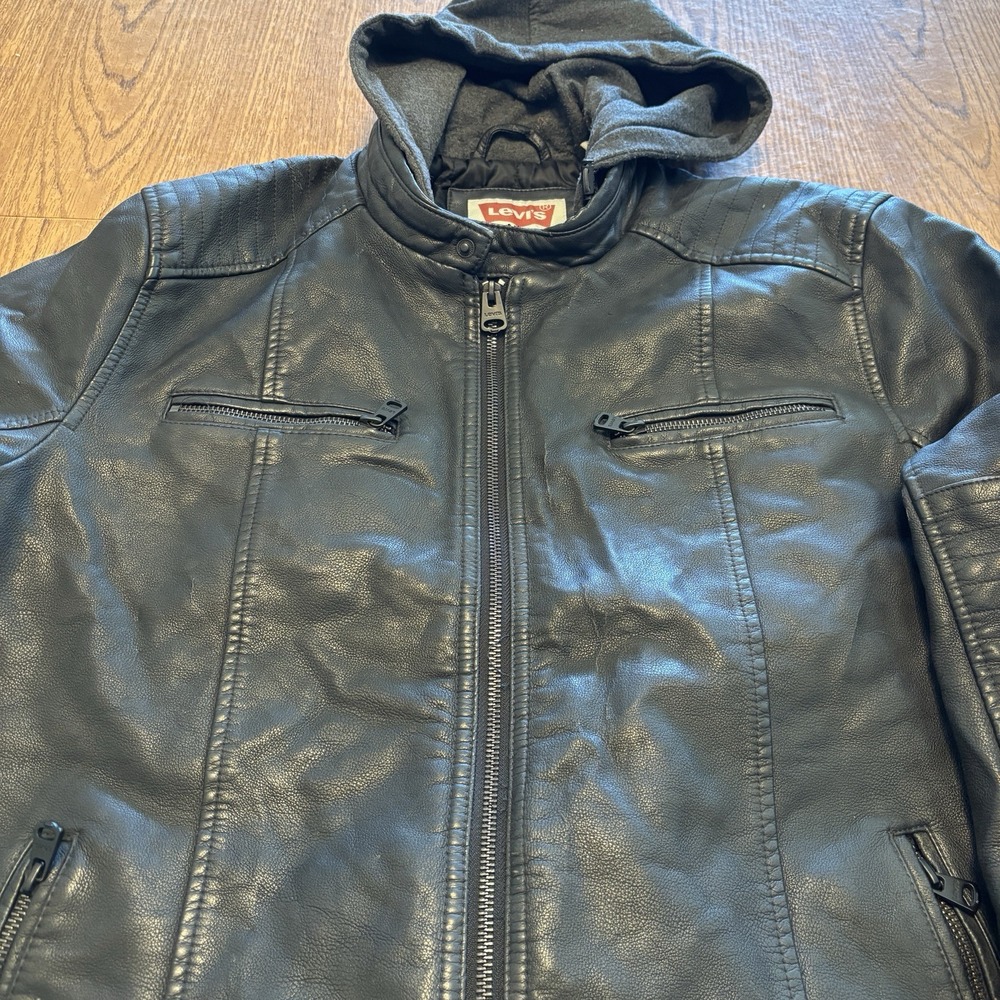 Levis Jacket Black Faux Leather Moto Racer Hooded Zip Coat Men's Large Quilted